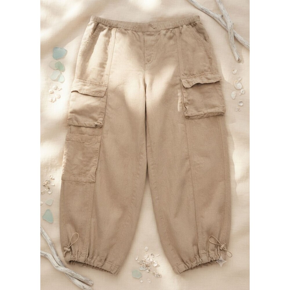 Old Navy Linen Blend Cargo Pants L High Rise Wide Leg Flax Beige Drawstring Cuff